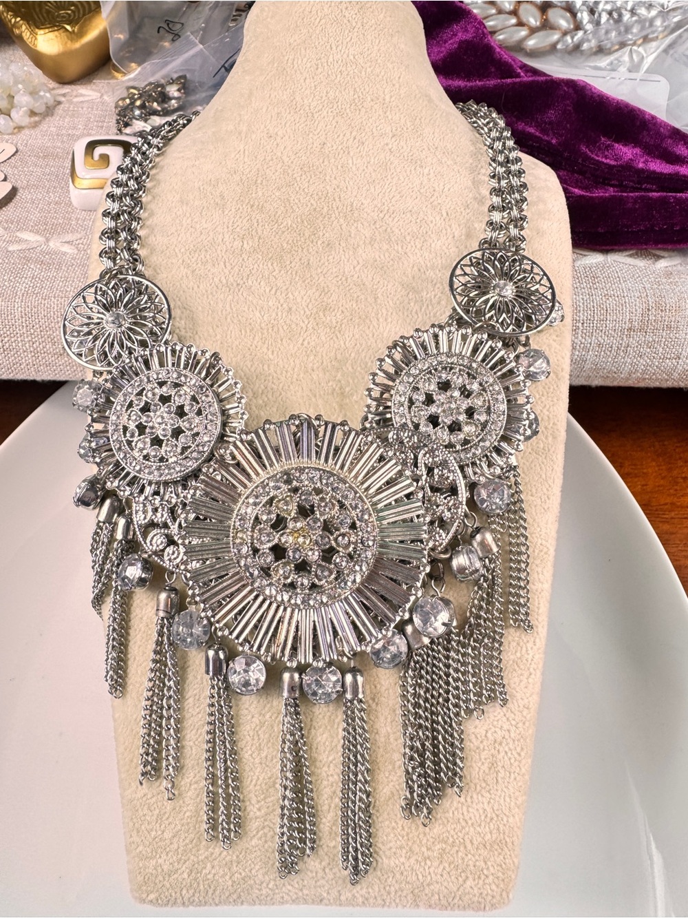 Zara Silver Floral Medallion Fringe Necklace with Crystal Accents